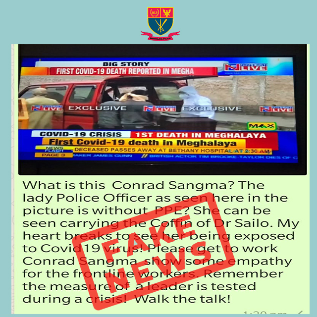 FAKE NEWS CIRCULATING IN SOCIAL MEDIA THAT LADY POLICE OFFICER SEEN CARRYING THE COFFIN OF DR. SAILO WITHOUT PPE.  DT. 16.4.2020