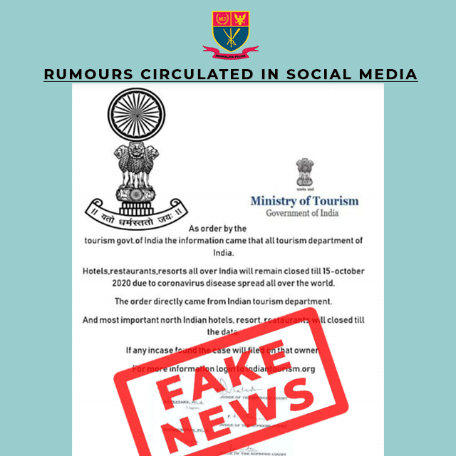 FAKE NEWS CIRCULATING IN SOCIAL MEDIA REGARDING HOTELS, RESTAURANTS, RESORTS ALL OVER INDIA BEING CLOSED TILL 15-OCTOBER 2020 DUE TO CORONAVIRUS SPREAD FROM INDIAN TOURISM DEPT. DT. 17.04.2020
